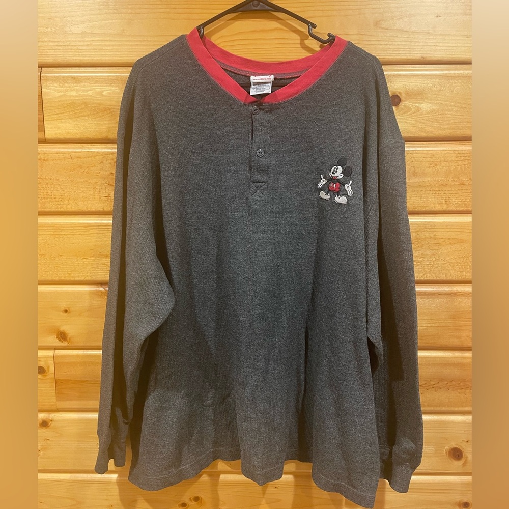 Disney Men’s Gray Long Sleeve Henley with Mickey Mouse Embroidery XL